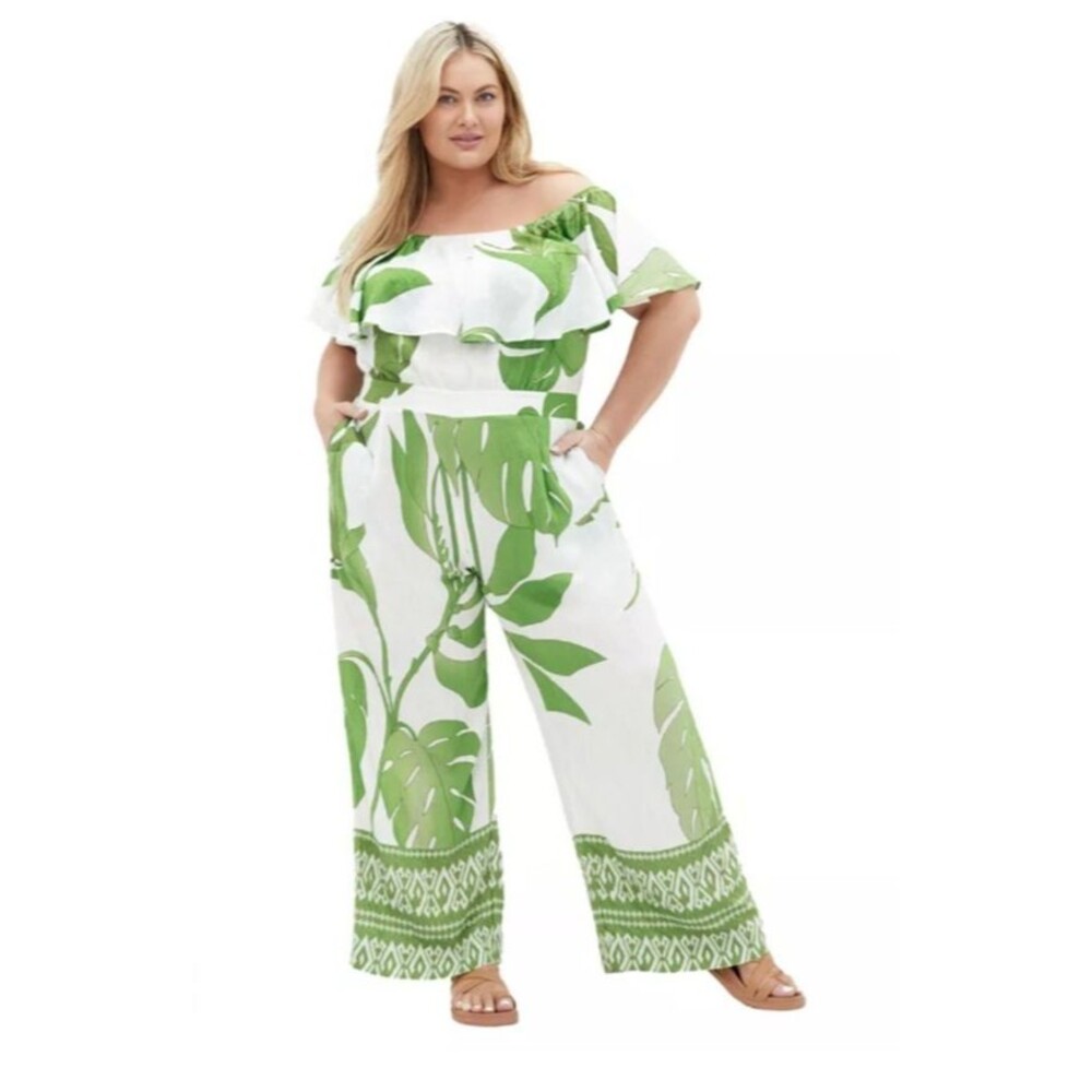 CITY CHIC Peta Border Jumpsuit M 18 One Piece Green Palm Leaves Ruffle Wide Leg